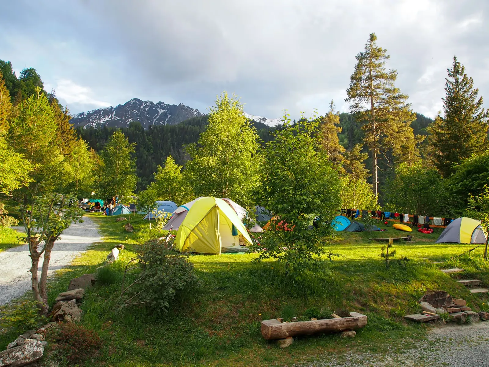 Zelte zwischen den Bäumen auf den Terrassen von Camping Carrera
