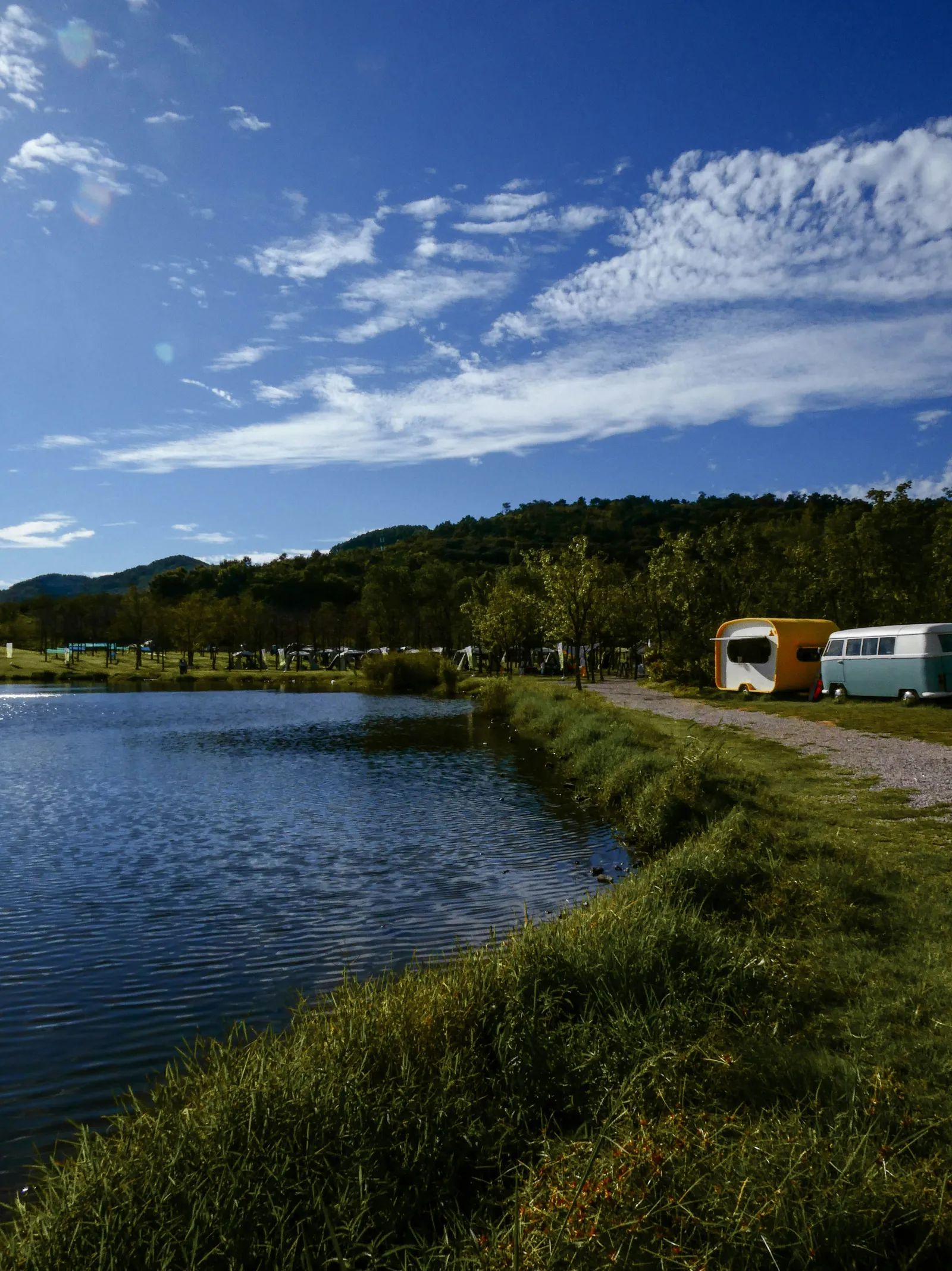 Wohnwagen an einem See unter blauem Himmel