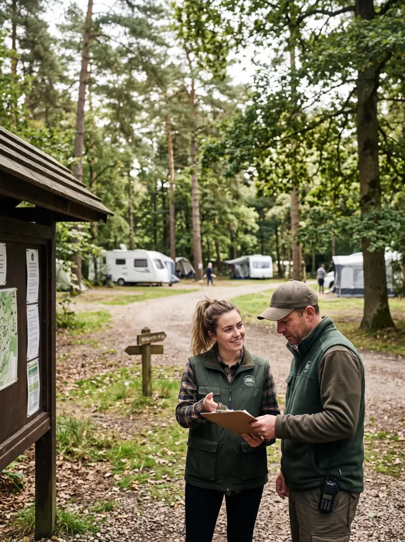 Two campground staff reviewing a clipboard on a path between the pitches